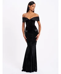 Miss Circle Women Qamra Black Velvet Off Shoulder Mermaid Maxi Dress