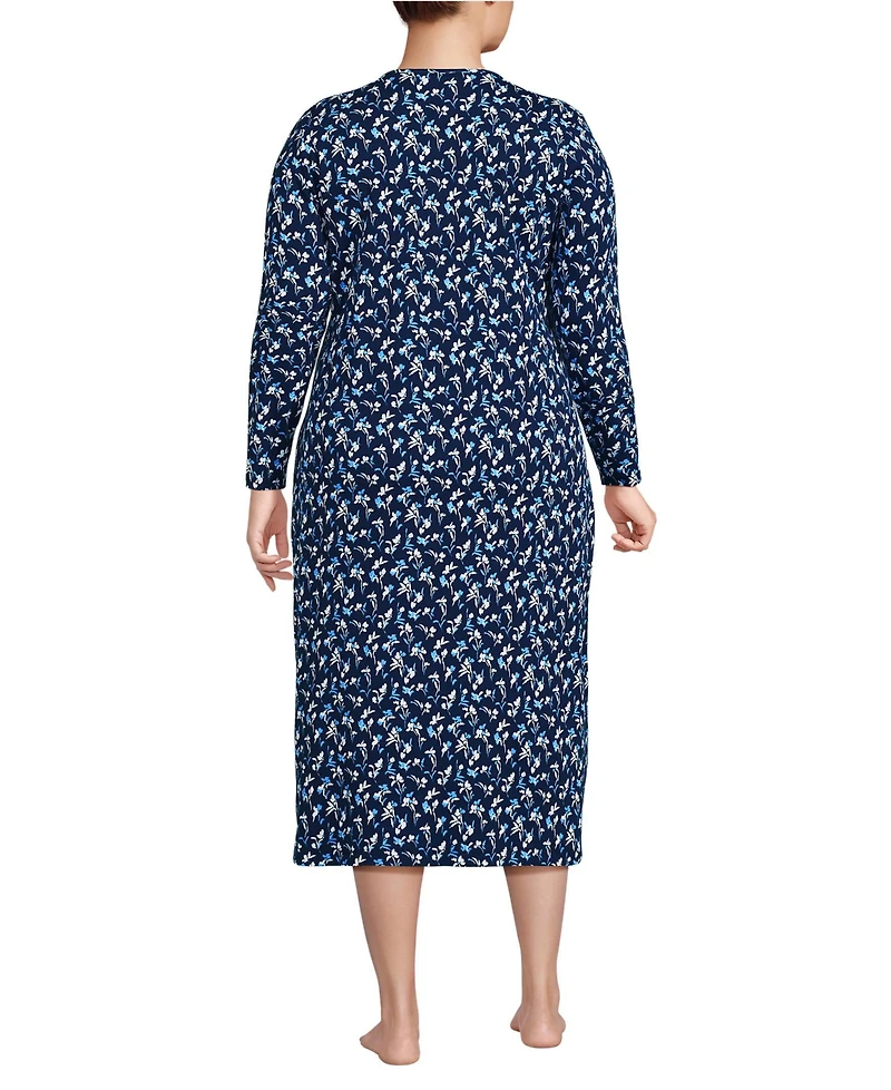 Lands' End Plus Cotton Long Sleeve Midcalf Nightgown
