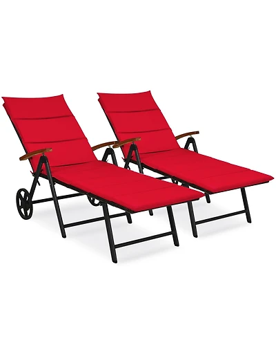 Gymax 2PCS Folding Patio Rattan Lounge Chair Chaise Aluminum W/ Wheel & Red Cushion