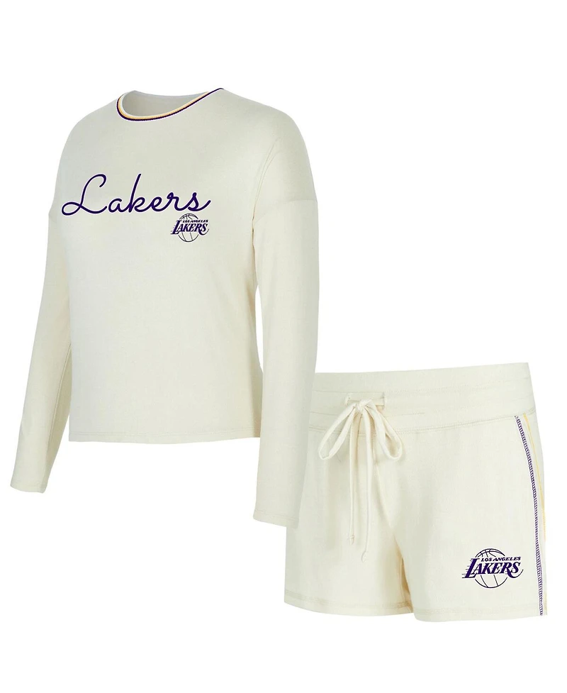 Concepts Sport Women's 2-Piece Cream Los Angeles Lakers Kaki Hacci Knit Long Sleeve Top and Shorts Set