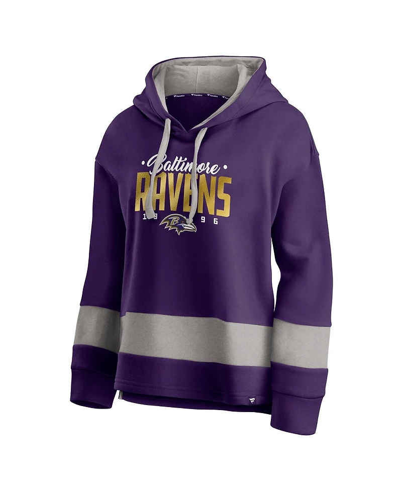 Fanatics Women's Purple/Gray Baltimore Ravens Huddle Up Fundamental Fleece Color Block Pullover Hoodie
