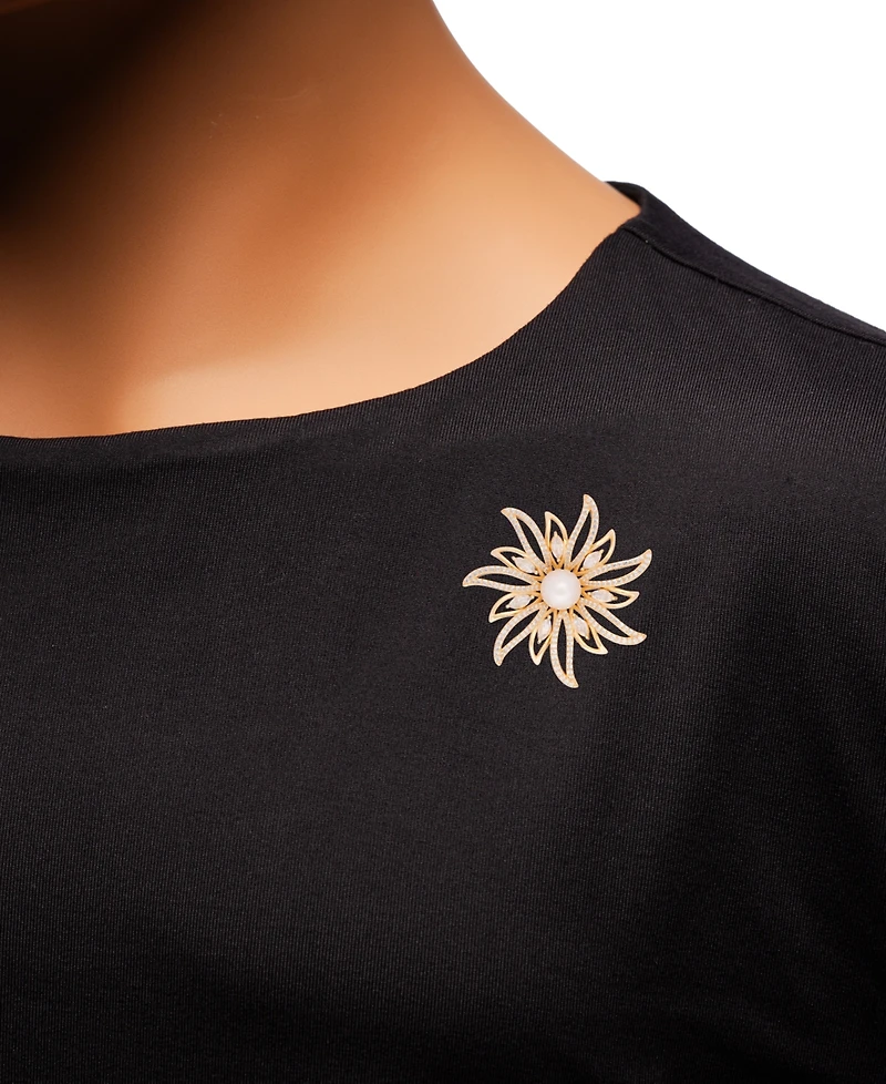Cultured Freshwater Pearl (9-1/2mm) & Cubic Zirconia Sunburst Convertible Pin to Pendant in 18K Gold-Plated Sterling Silver