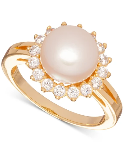 Cultured Freshwater Pearl (10mm) & Cubic Zirconia Halo Ring 18k Gold-Plated Sterling Silver