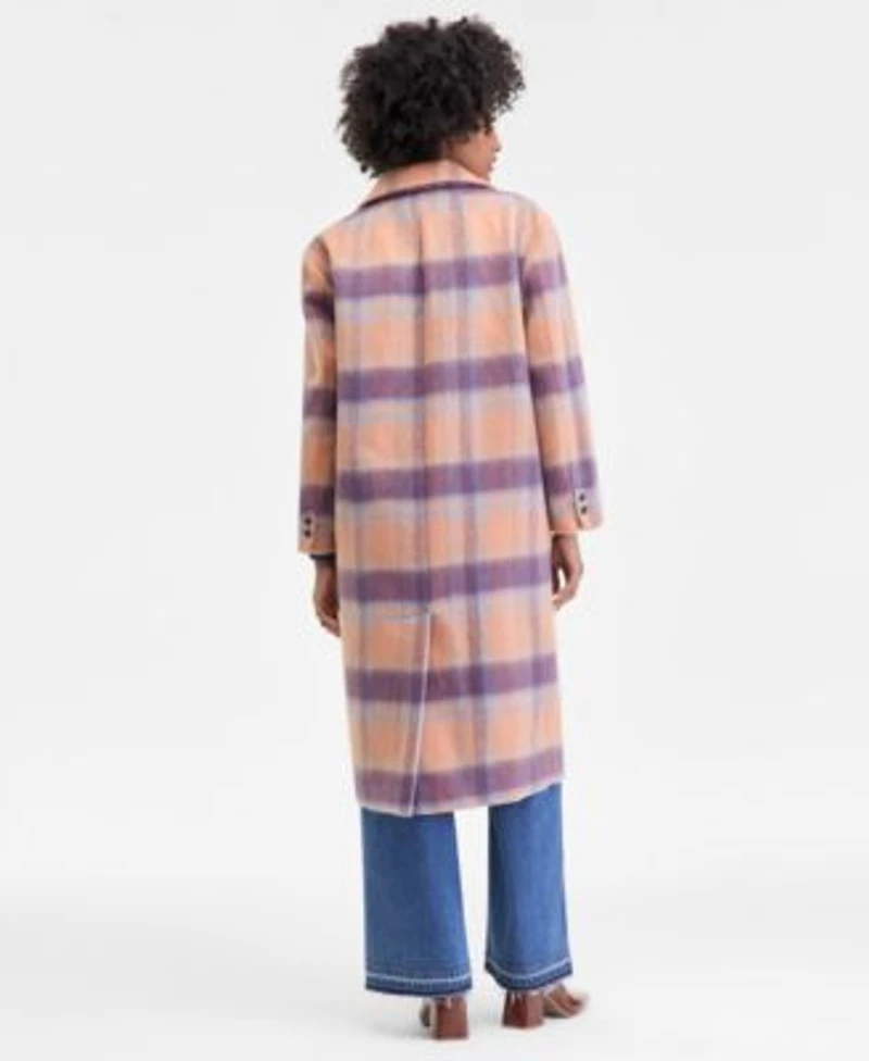 On 34th Womens Brushed Plaid Double Breasted Coat Denim Ruffle Shirt Released Hem Jeans Necklace Margoe Square Toe Booties Macys Exclusive