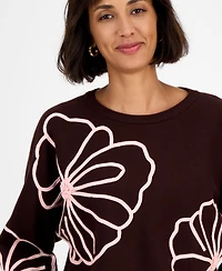 T Tahari Women's Floral-Embroidered Long-Sleeve Sweater