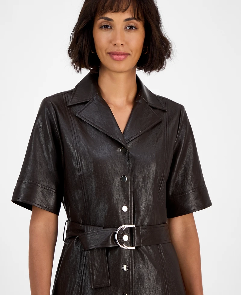 T Tahari Women's Faux-Leather Belted Button-Front Dress