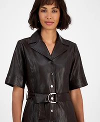 T Tahari Women's Faux-Leather Belted Button-Front Dress