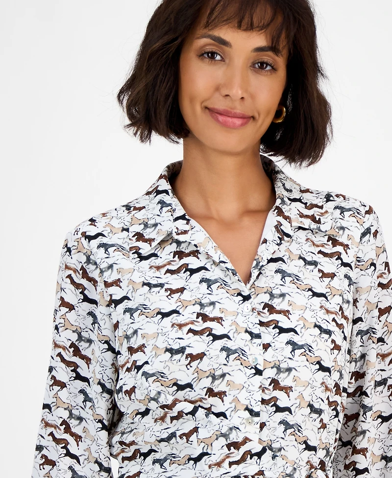 T Tahari Women's Horse-Print Button-Front Long-Sleeve Dress