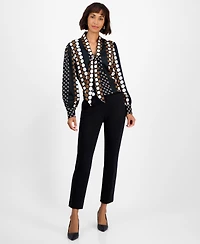 T Tahari Women's Printed Tie-Neck Long-Sleeve Blouse
