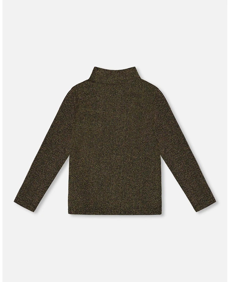 Deux par Girl Shiny Rib Mock Neck Top Black and Gold