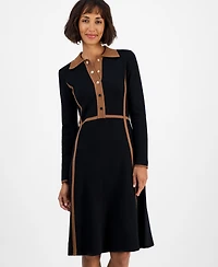 T Tahari Women's Collared Long-Sleeve Snap-Front Dress