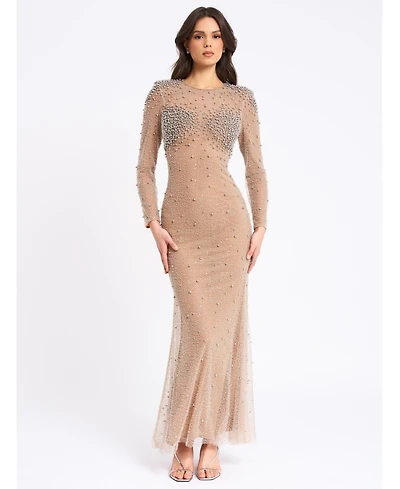 Miss Circle Women Rita Embroidered Mesh Silver Beaded Mermaid Gown