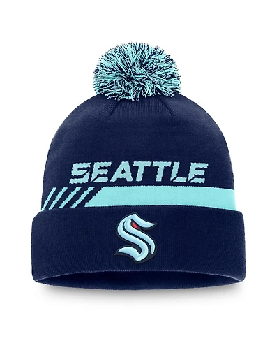Fanatics Men's Deep Sea Blue Seattle Kraken Authentic Pro Locker Room Cuffed Pom with Knit Hat