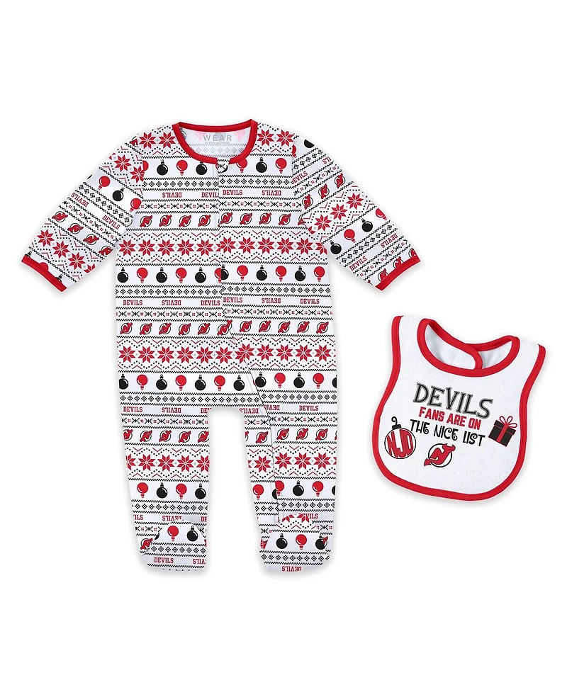 Wear by Erin Andrews Newborn New Jersey Devils Allover Print Full-Zip Sleeper with Bib Christmas Set