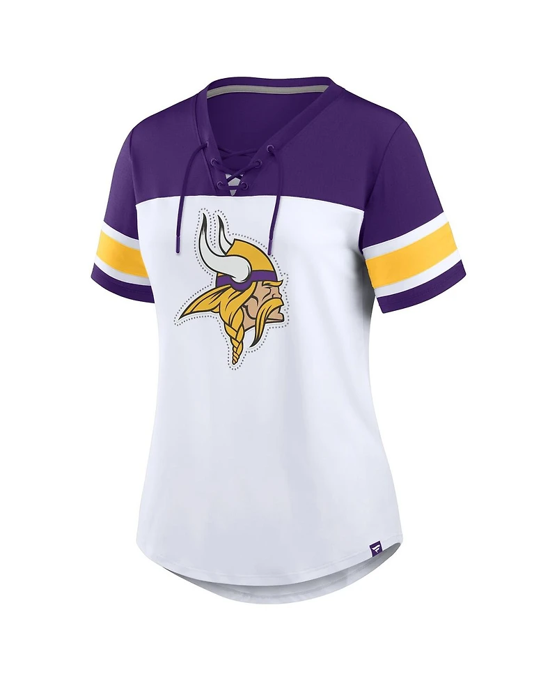 Fanatics Women's White/Purple Minnesota Vikings Athena Rhinestone Lace-Up V-Neck T-Shirt