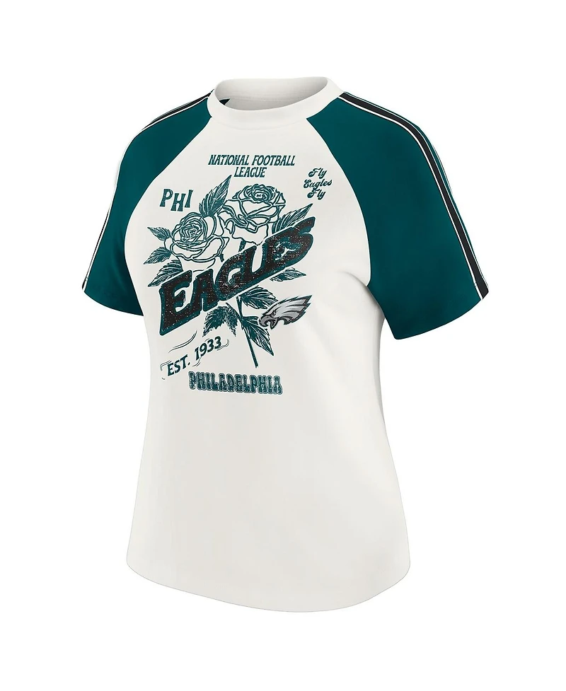 Wear by Erin Andrews Women's White Philadelphia Eagles Sleeve Stripe Distressed Raglan T-Shirt