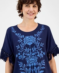 Jm Collection Petite Antique-Like Blooms Floral Pull-On Poncho Sweater