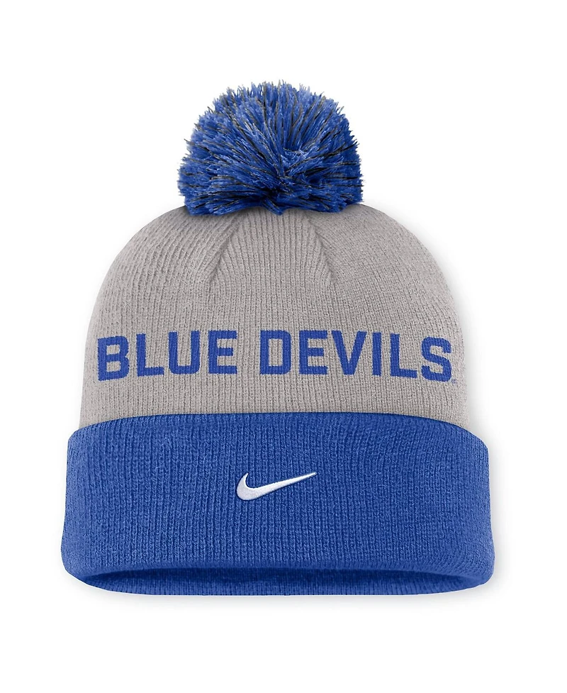 Nike Men's Gray/Royal Duke Blue Devils Primetime Peak Cuffed with Pom Knit Hat