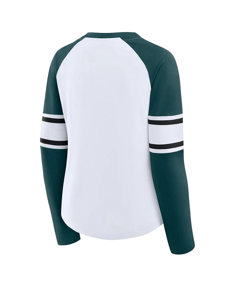 Fanatics Women's White/Green Philadelphia Eagles Redzone Blitz Package Raglan Lace-Up V-Neck Long Sleeve T-Shirt