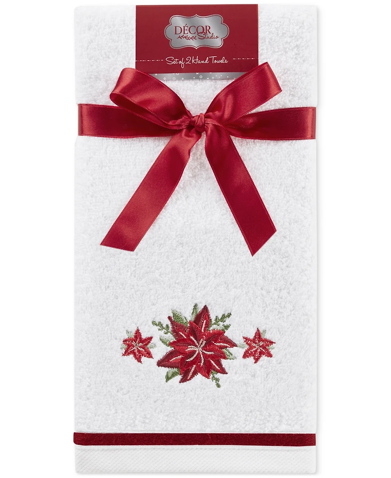 Decor Studio Holiday Poinsettias Turkish Cotton 2-Pc. Hand Towel Set, 16" x 28"
