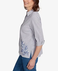 Alfred Dunner Women's Classic Diagonal Floral Metallic Stripe Button Front Top