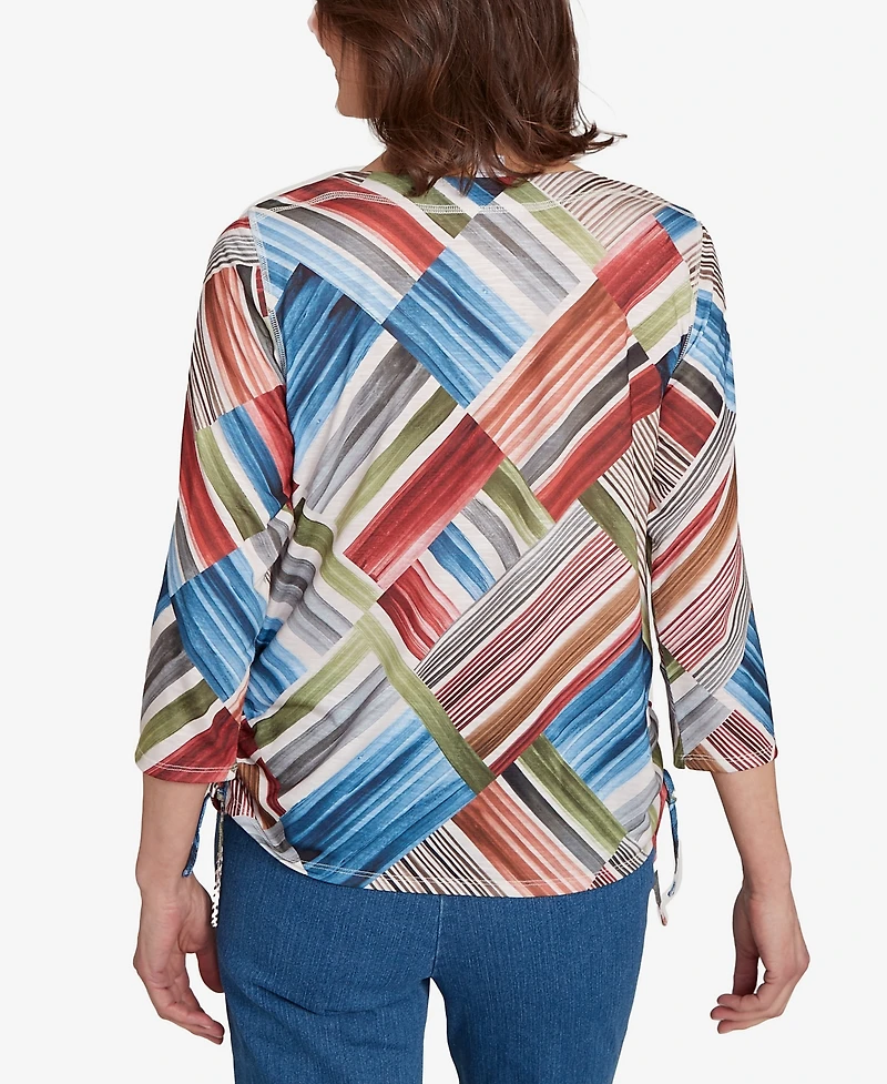Alfred Dunner Women's Classic Stripe Patchwork Ruched Sides Top
