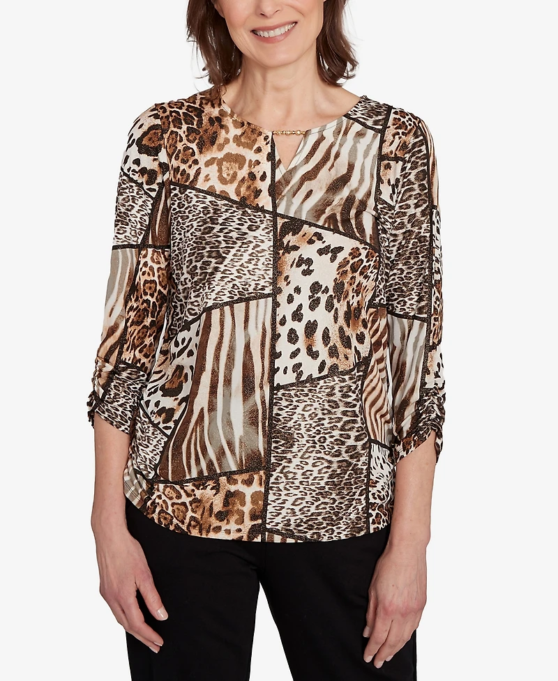 Alfred Dunner Women's Classic Puff Animal Print Color Block Top