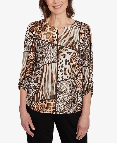 Alfred Dunner Women's Classic Puff Animal Print Color Block Top