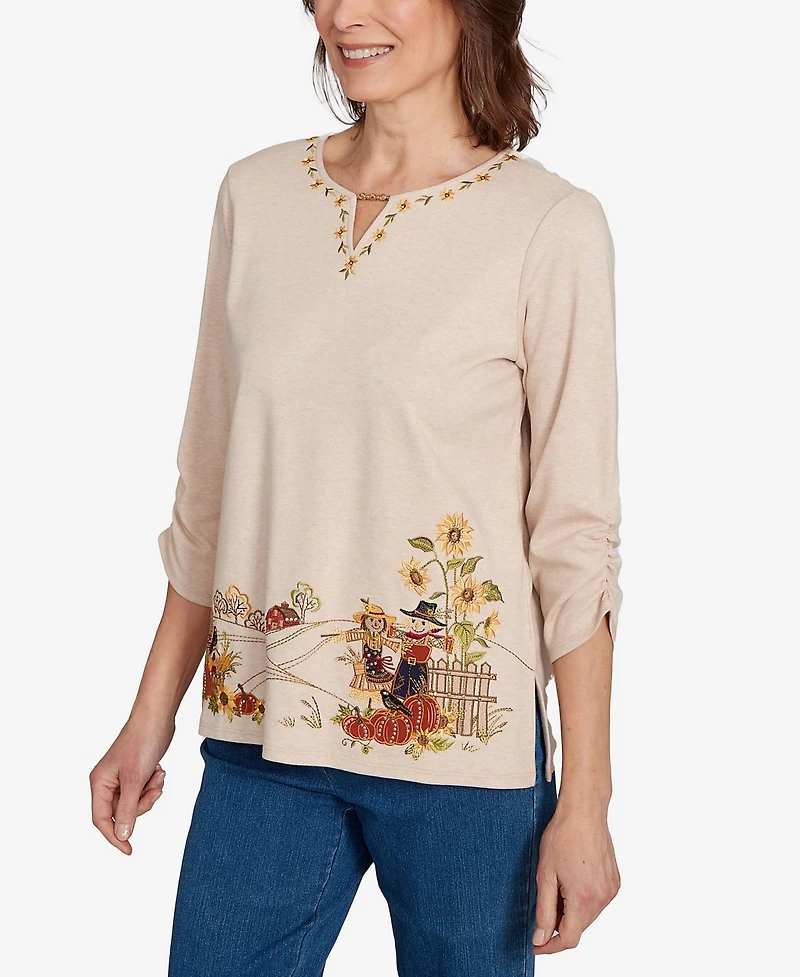 Alfred Dunner Women's Classic Scarecrow Bordered Crew Neck Top