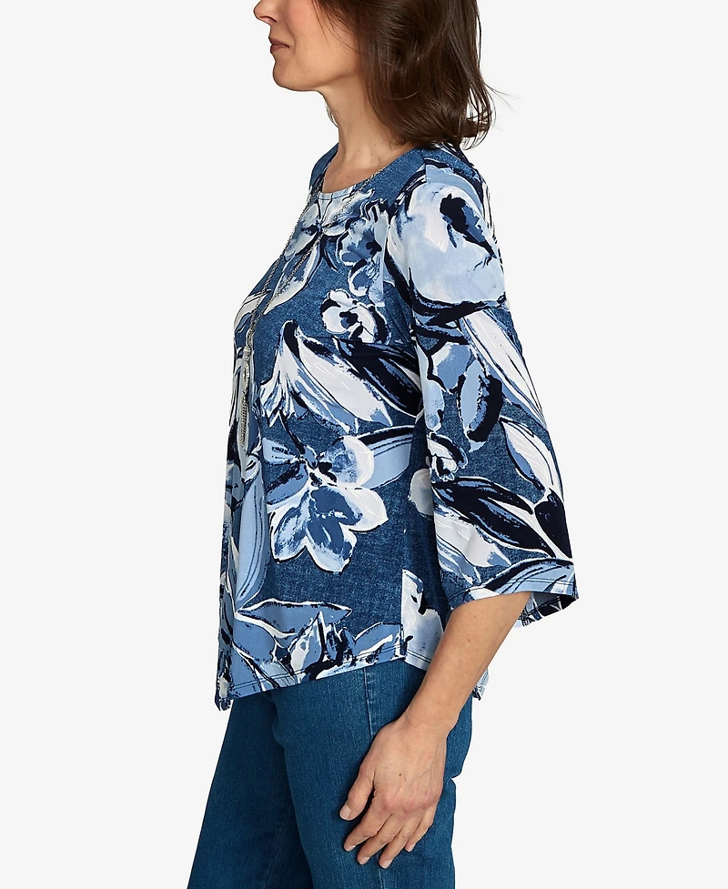 Alfred Dunner Women's Classic Puff Print Denim Floral Top