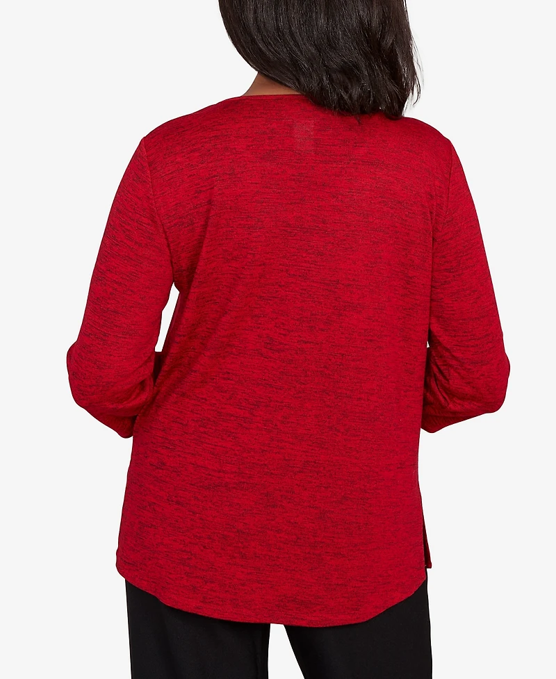 Alfred Dunner Women's Classic Melange Side Button Crew Neck Top with Necklace