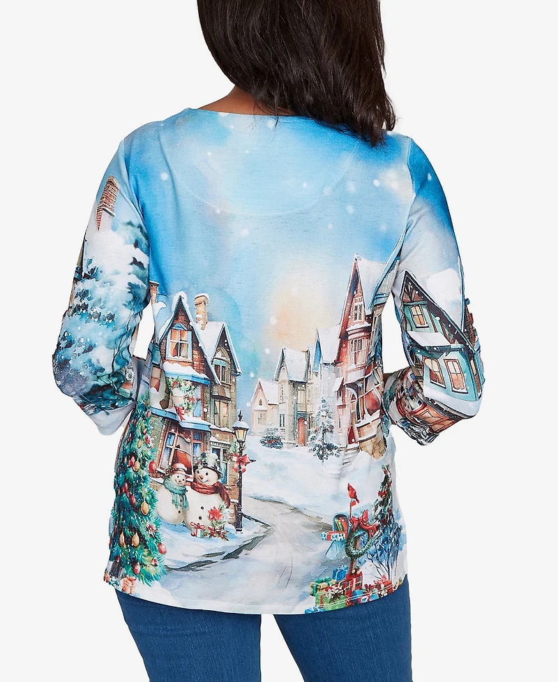 Alfred Dunner Women's Classic Embellished Snow Cabin Village Scene Crew Neck Top