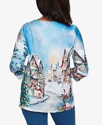 Alfred Dunner Women's Classic Embellished Snow Cabin Village Scene Crew Neck Top