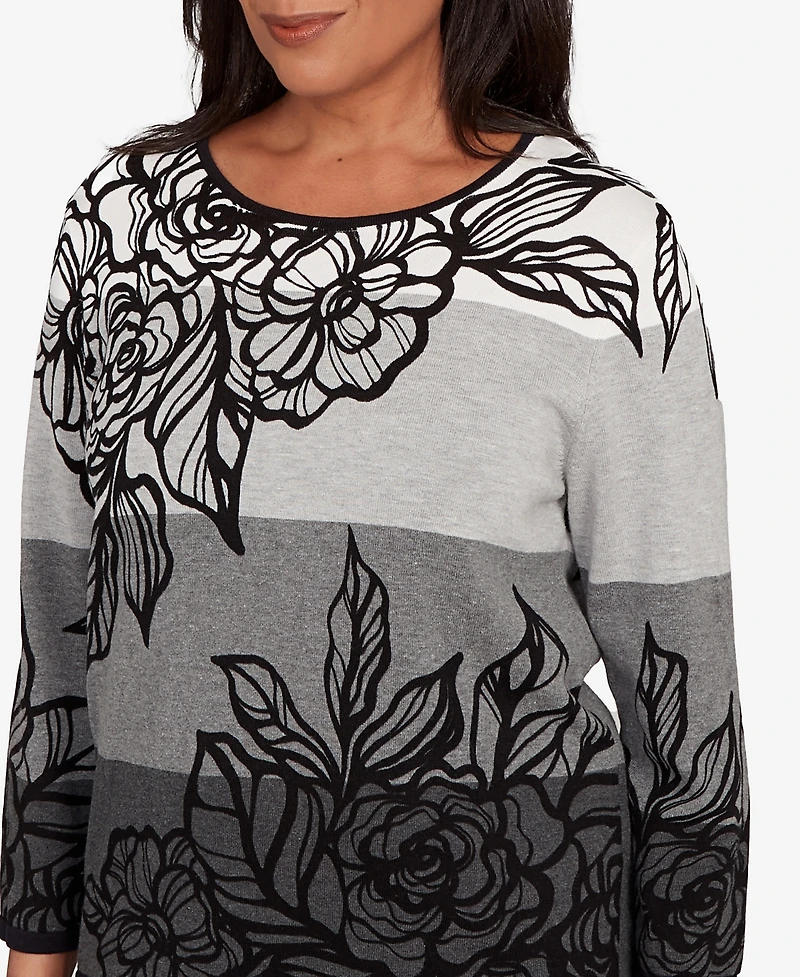 Alfred Dunner Women's Classic Ombre Floral Block Stripe Sweater