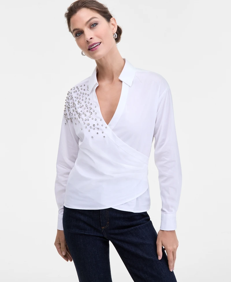I.n.c. International Concepts Women's Embellished Faux-Wrap Shirt, Macy's Exclusive