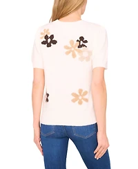 CeCe Women's Groovy Flower Short Sleeve Pullover Sweater