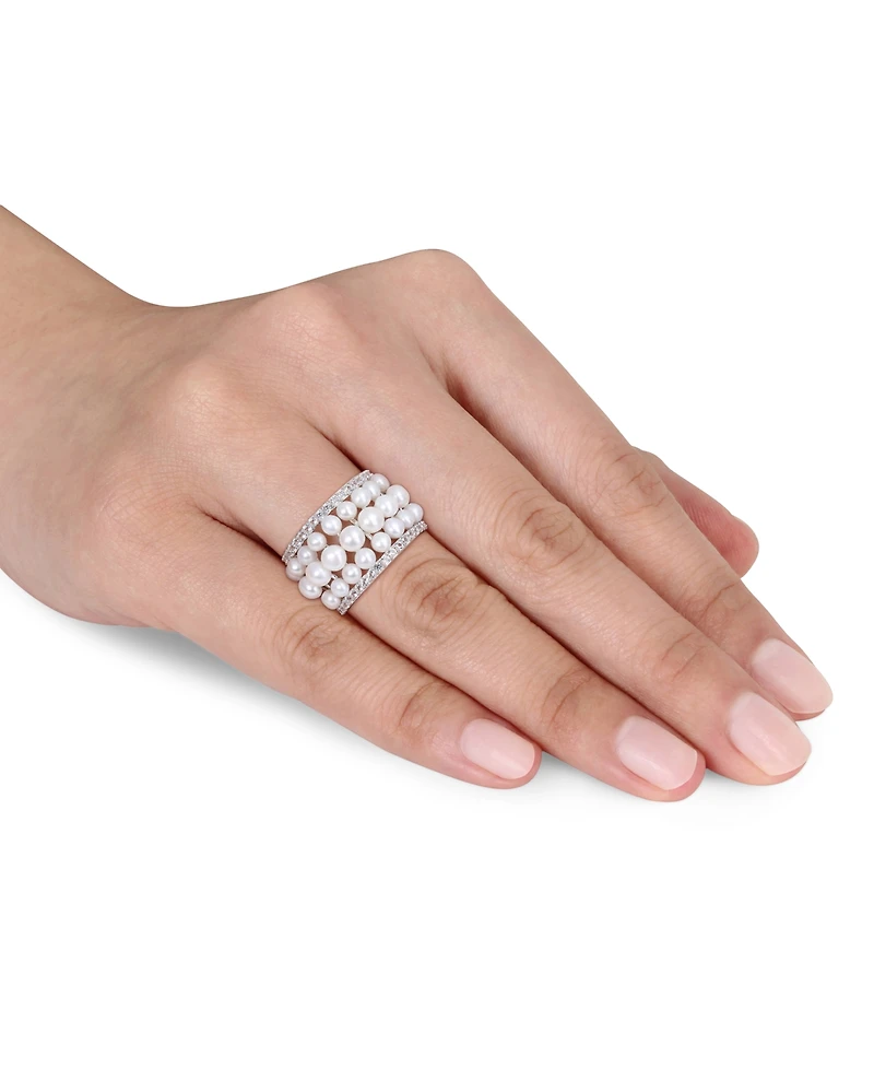 Cultured Freshwater Pearl (3 - 4-1/2mm) & Lab Grown White Sapphire (1-5/8 ct. t.w.) Multirow Ring Sterling Silver