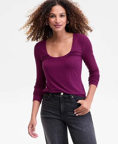 I.n.c. International Concepts Women's Mixed Media Scoop-Neck Long-Sleeve Top, Macy's Exclusive