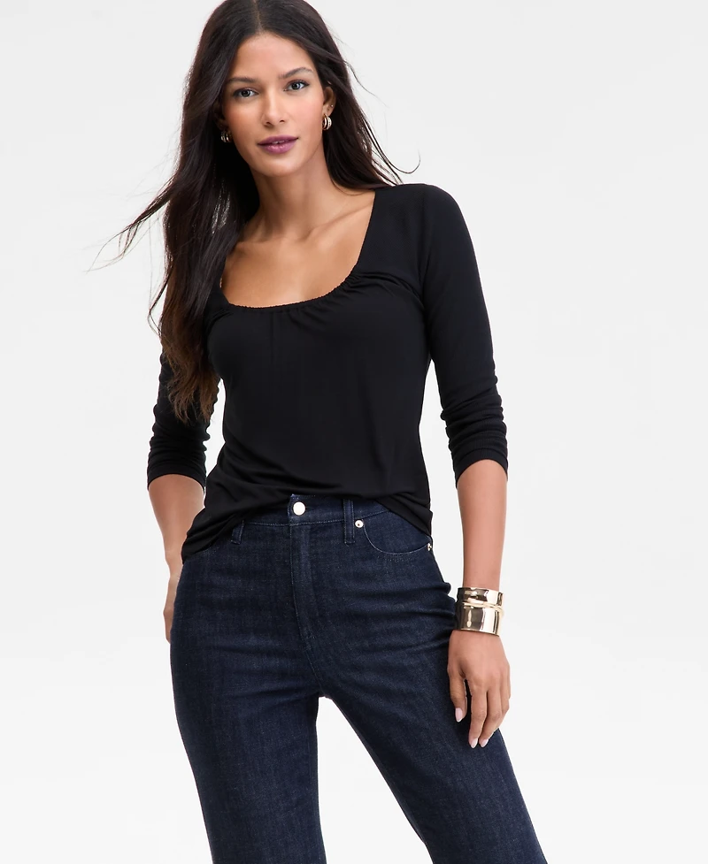 I.n.c. International Concepts Women's Mixed Media Scoop-Neck Long-Sleeve Top, Macy's Exclusive