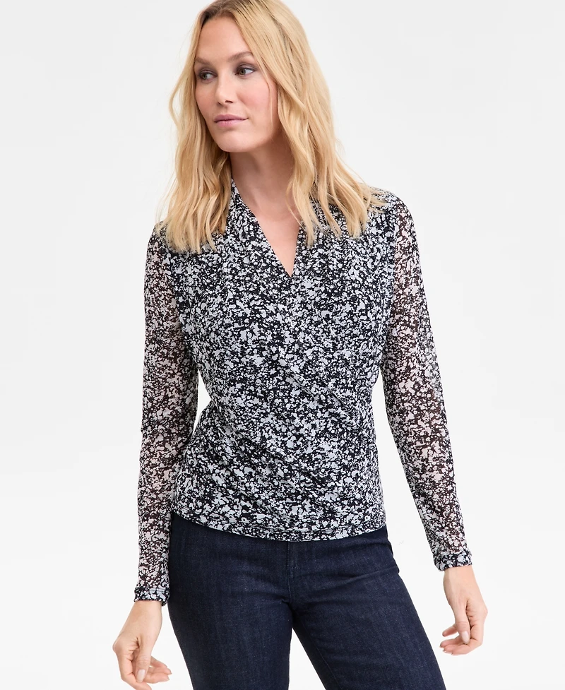 I.n.c. International Concepts Women's Printed Mesh Surplice-Neck Top, Macy's Exclusive