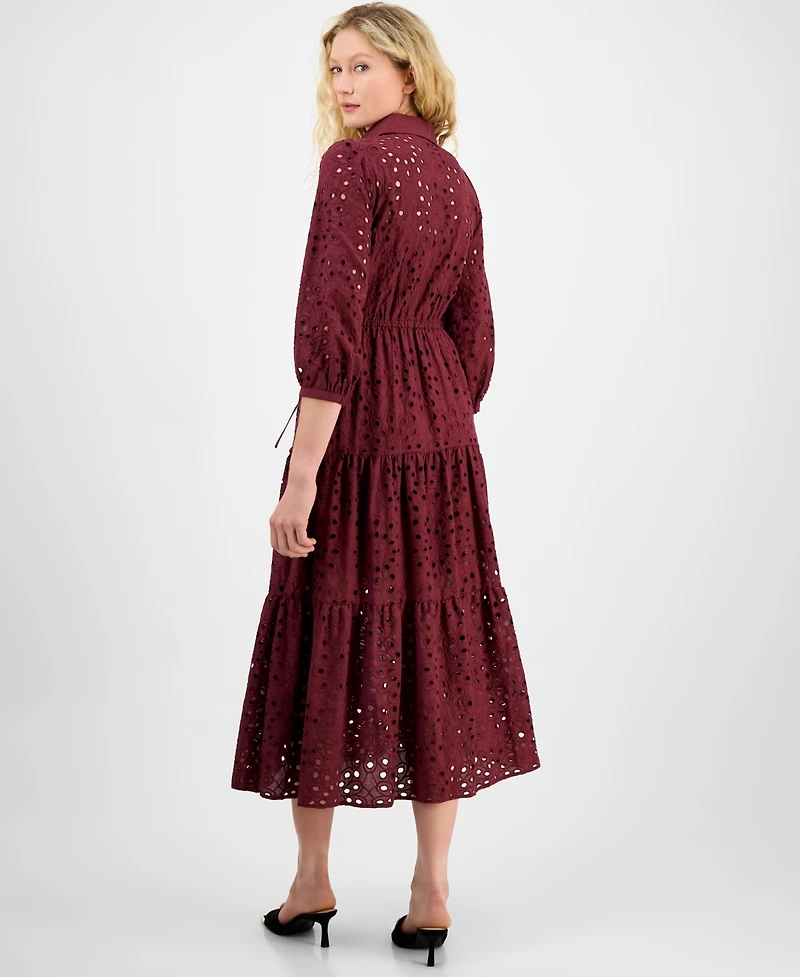 julia jordan Women's Eyelet Tie-Waist 3/4-Sleeve Midi Dress