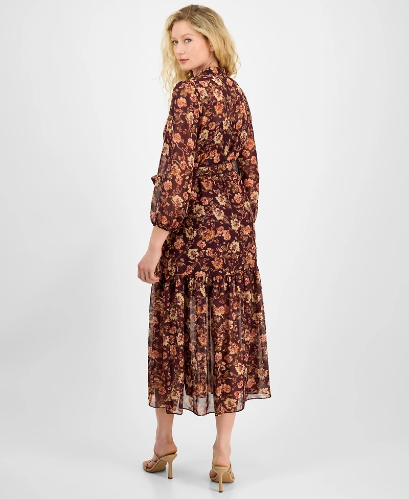 julia jordan Women's Floral Chiffon Tie-Waist 3/4-Sleeve Dress
