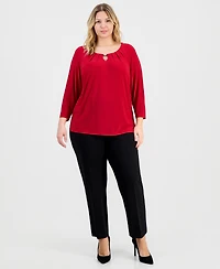Kasper Plus Size 3/4-Sleeve Pintucked Keyhole Top