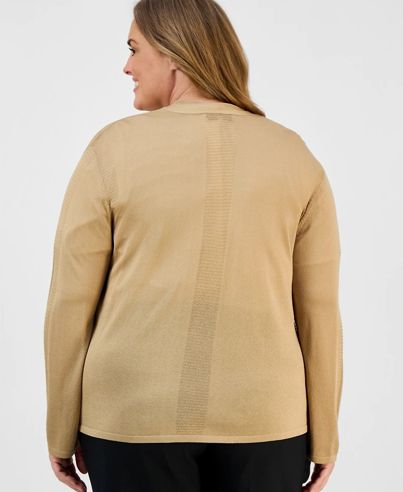 Kasper Plus Open-Front Stitch-Detail Sweater