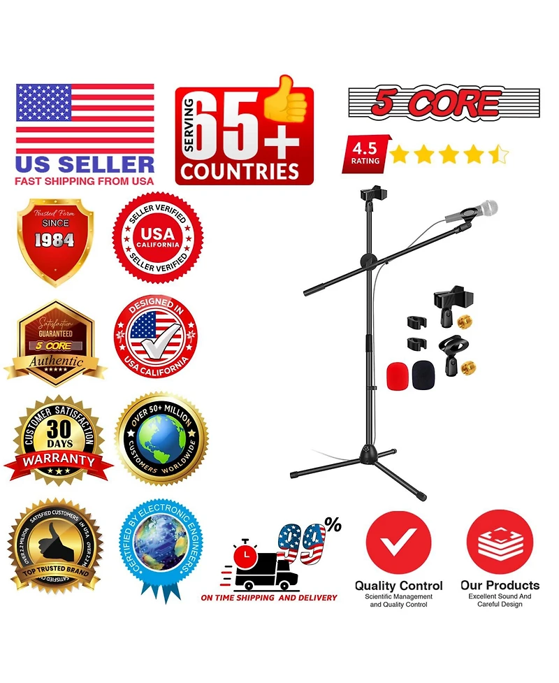 5 Core Mic Stand Floor Height Adjustable Tripod Microphone Stands w Extending Telescoping Boom Arm - Ms Dbl