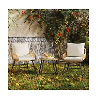 Yaheetech 3-Piece Outdoor Wicker Rattan Boho Coffee Table & 2 Chairs, Tan/Cream