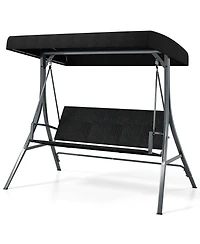 Gymax 3-Person Porch Swing w/ Stand w/ Rattan Seat Back Metal Frame Adjustable Shade