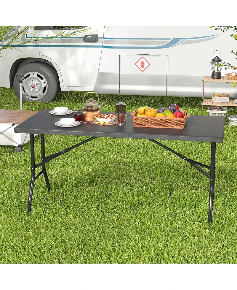5 ft Folding Picnic Table Outdoor Dining with Rattan Grain Hdpe Tabletop
