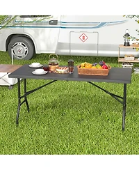 5 ft Folding Picnic Table Outdoor Dining with Rattan Grain Hdpe Tabletop