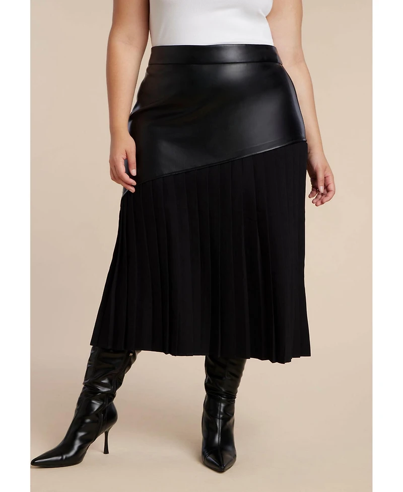 Eloquii Women's Plus Mixed Media Pleated Skirt